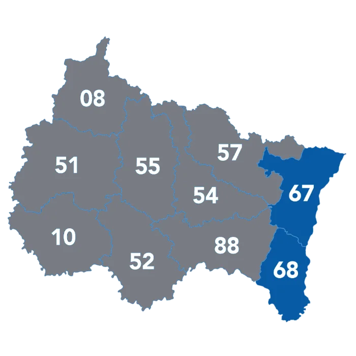 Carte de nos zones d’intervention en Alsace : Bas-Rhin (67) et Haut-Rhin (68)