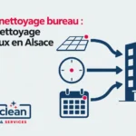 Affiche illustrant le devis de nettoyage de bureau avec un bâtiment vers lequel convergent des icônes représentant le