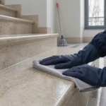 Agent nettoyant essuie et polie une marche d'escalier avec une serpillère.