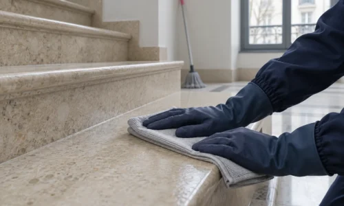 Agent nettoyant essuie et polie une marche d'escalier avec une serpillère.