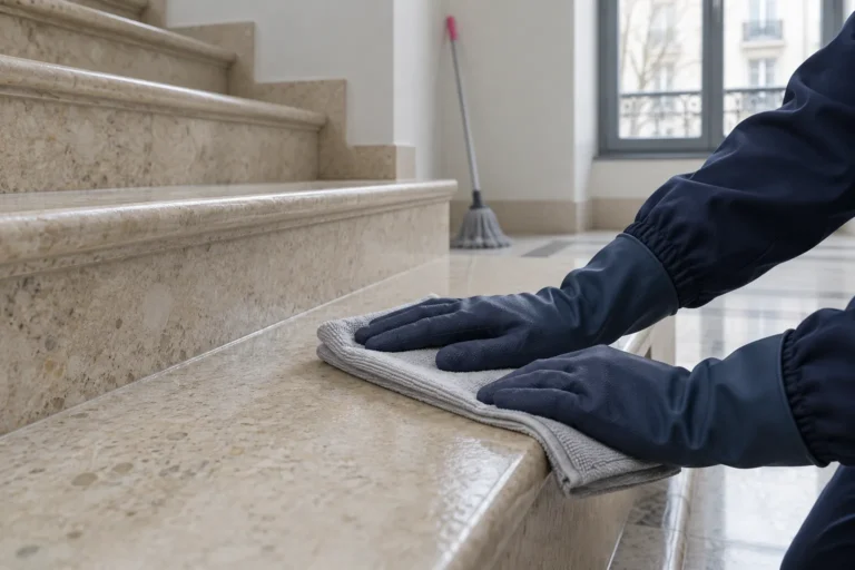 Agent nettoyant essuie et polie une marche d'escalier avec une serpillère.