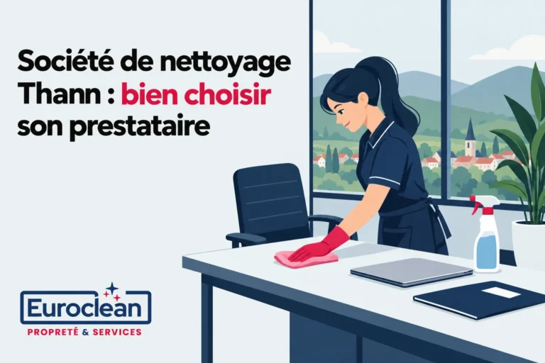 Une agente de nettoyage porte des gants rouges et nettoie une table dans un bureau lumineux.