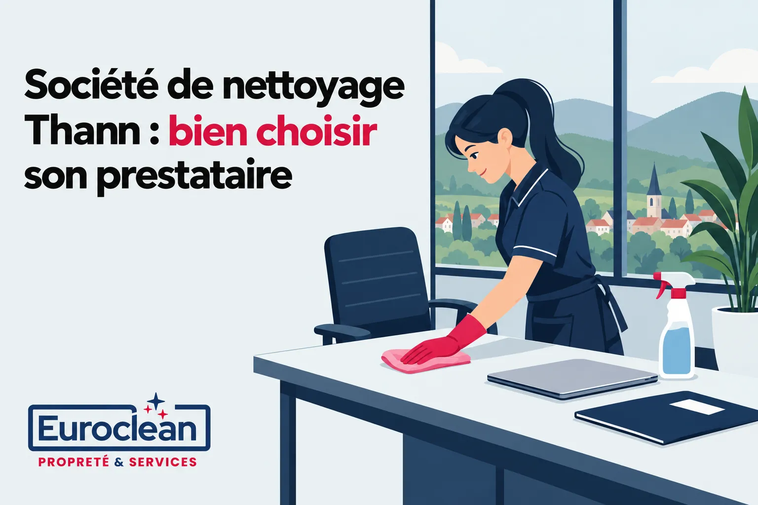 Une agente de nettoyage porte des gants rouges et nettoie une table dans un bureau lumineux.