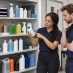 Deux personnes examinent une bouteille de produit de nettoyage dans une réserve bien rangée avec divers flacons sur des