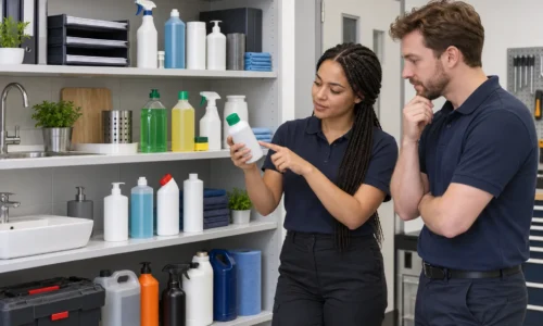 Deux personnes examinent une bouteille de produit de nettoyage dans une réserve bien rangée avec divers flacons sur des