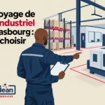 Inspection d’un site industriel avec technicien tenant une tablette devant des machines et des rayonnages en milieu