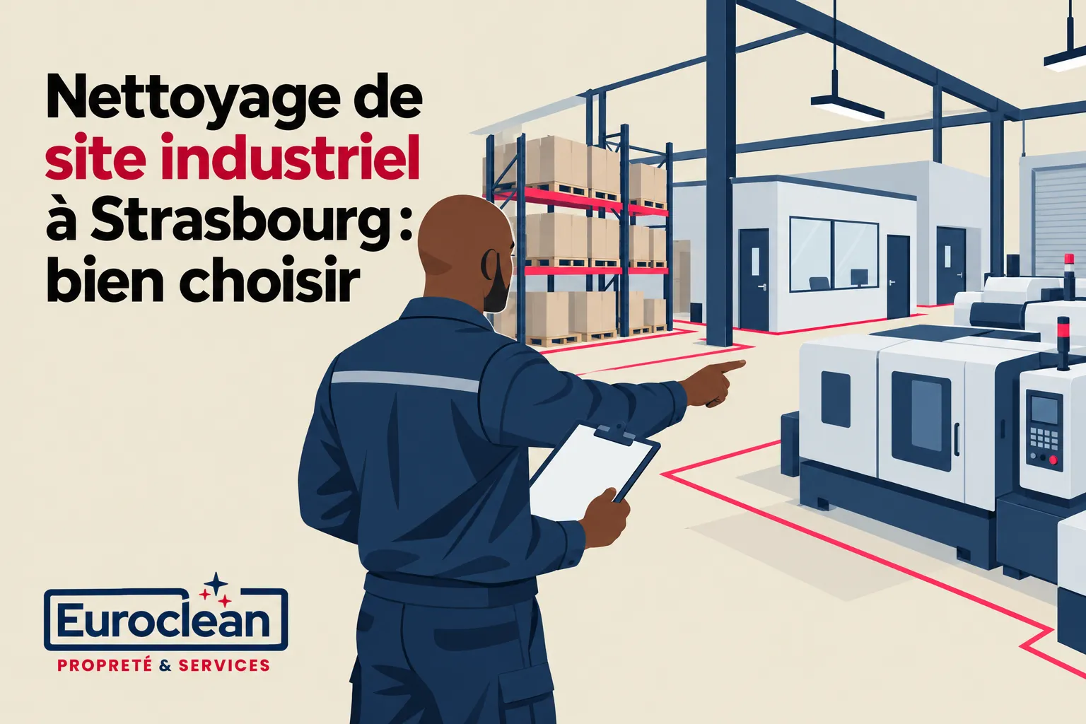 Inspection d’un site industriel avec technicien tenant une tablette devant des machines et des rayonnages en milieu