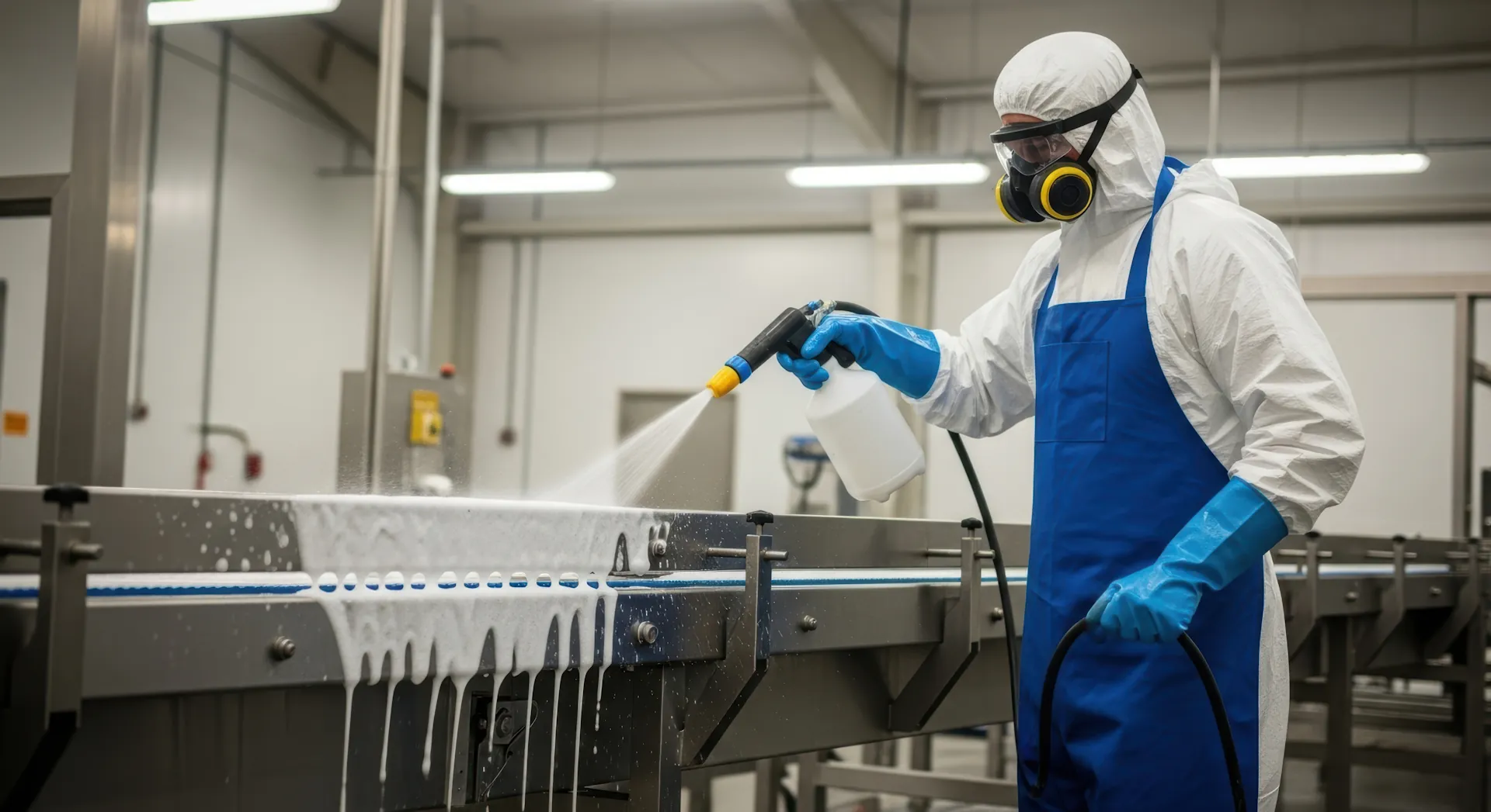 Une personne en combinaison de protection et masque pulvérise un produit désinfectant sur une table métallique dans une