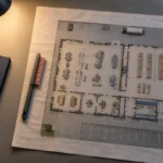 Plan d’atelier industriel vu de dessus avec bureaux, rangements et zones de travail sous éclairage.
