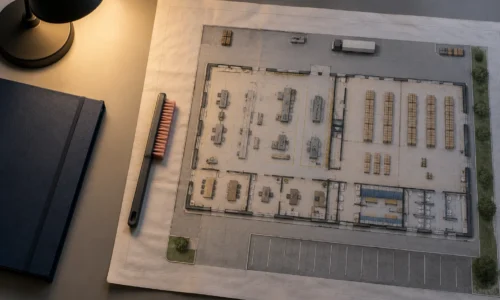 Plan d’atelier industriel vu de dessus avec bureaux, rangements et zones de travail sous éclairage.