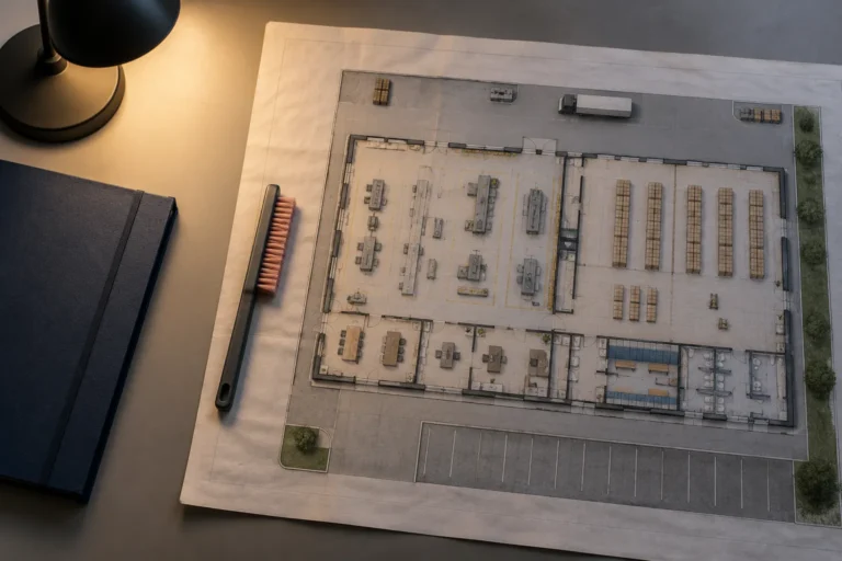 Plan d’atelier industriel vu de dessus avec bureaux, rangements et zones de travail sous éclairage.