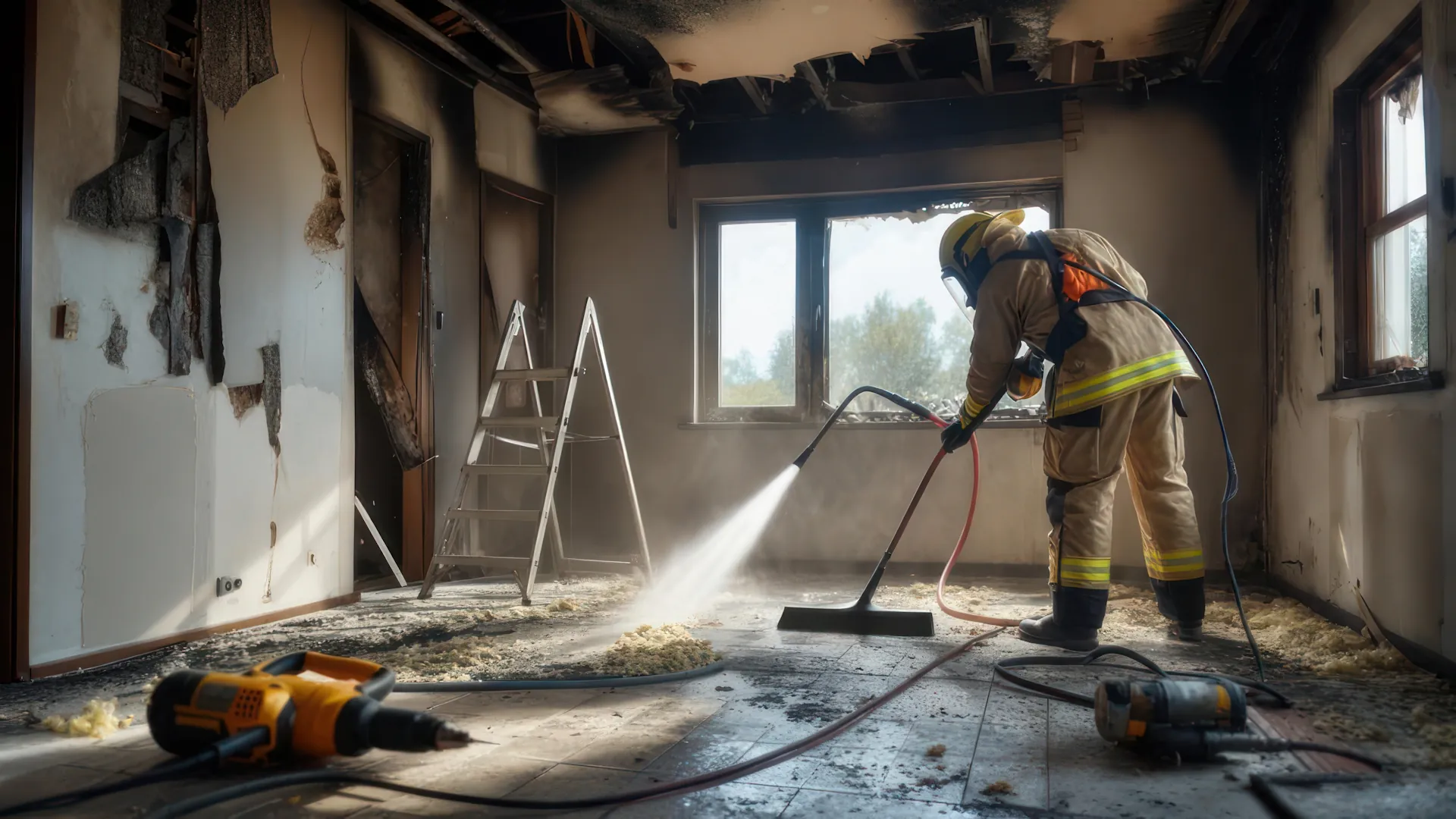 Un pompier ou technicien en tenue de protection nettoie l’intérieur sablé d’une pièce à l’aide d’un jet d’eau avec une lance.